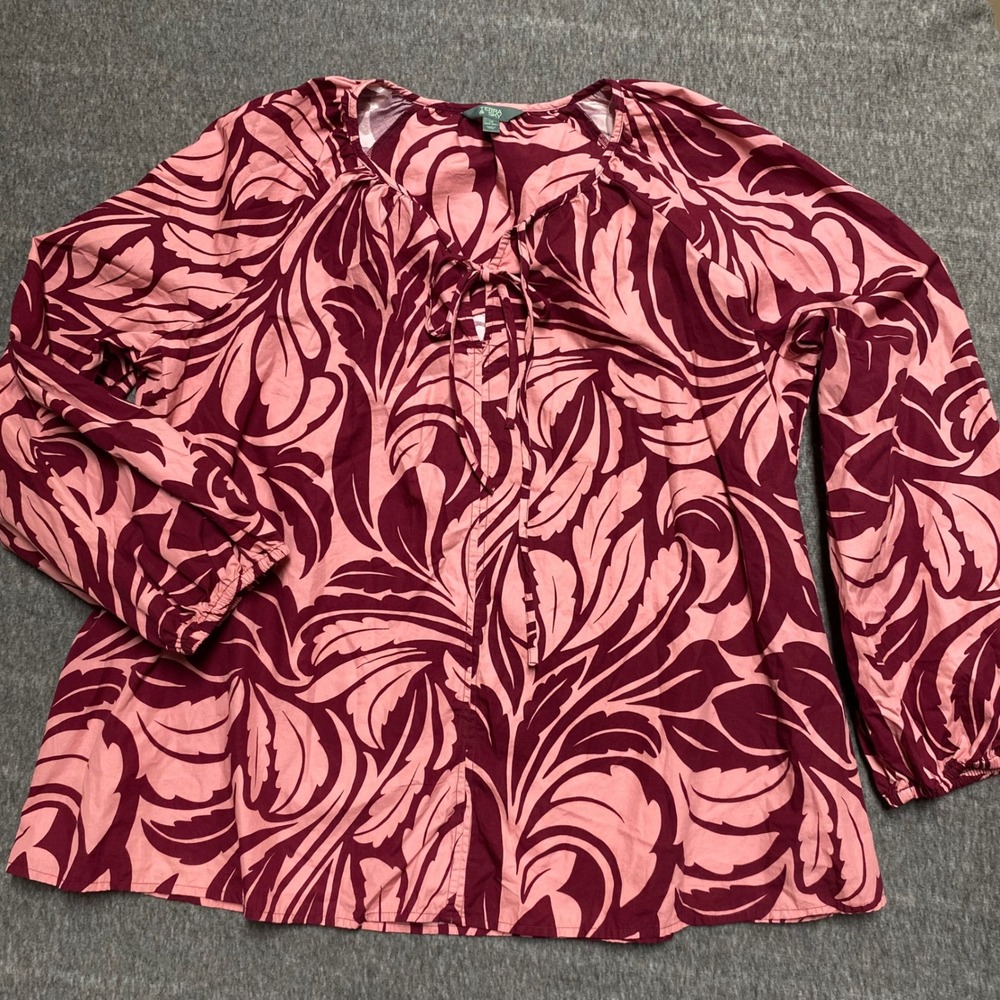 Terra & Sky Womens 1X 16W-18W Pink Burgundy Leaf Print Cotton Peasant Blouse